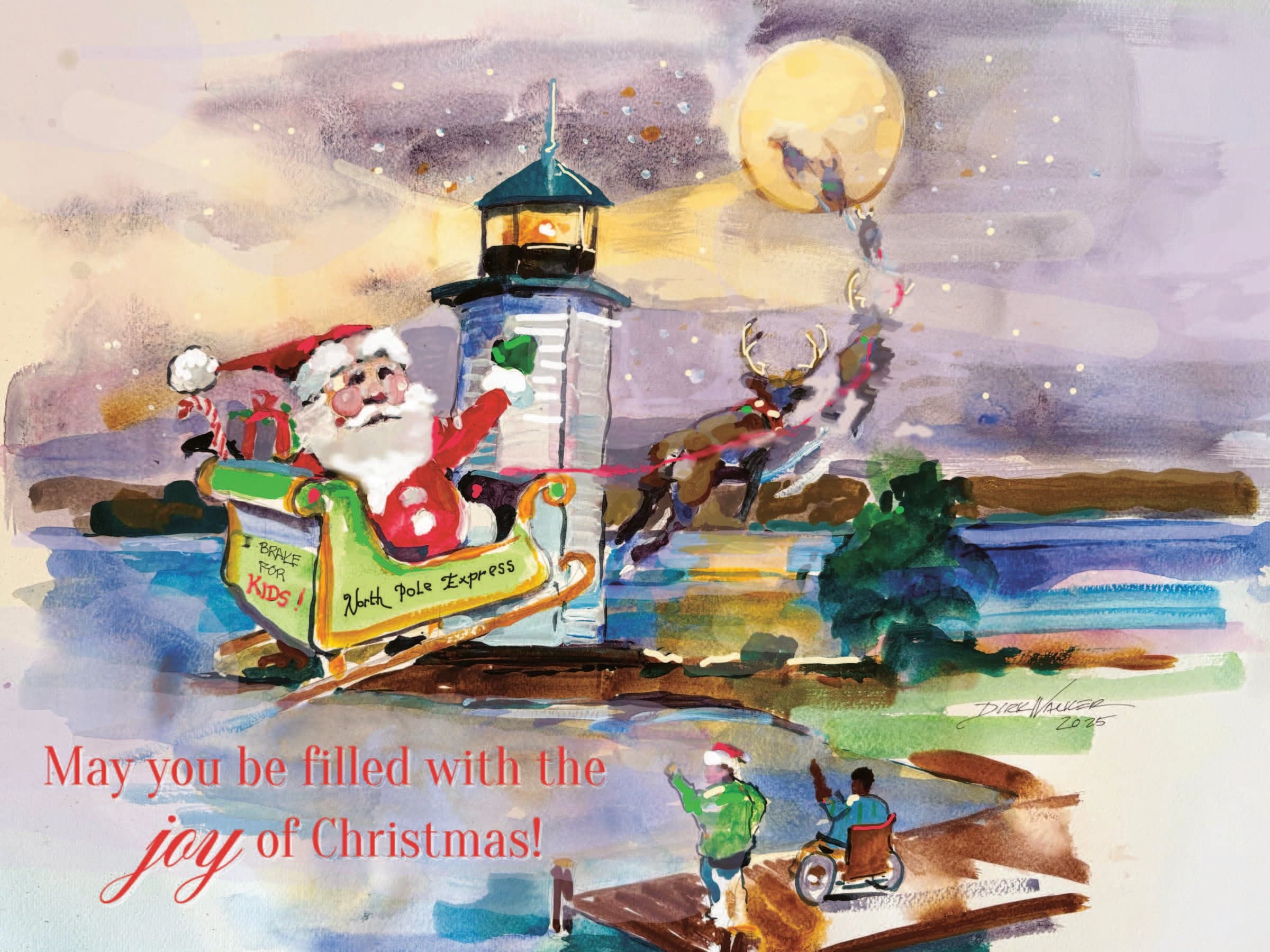 Santa flying past a lighthouse.